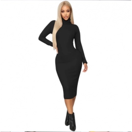 spring Longuette long-sleeved Elastic force Slim High collar slim long dress