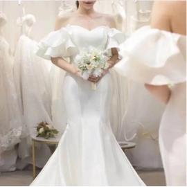 Elegant Waisted Fishtail One-shoulder Evening Dresses Temperament Slim Waist Wedding Party Dress Ruffles Sleeve Design Prom Robe